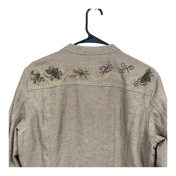 Chicos Metallic Embroidered Button-Up Jacket SZ 2 Beige Long Sleeve Cotton Blend - Picture 8 of 16
